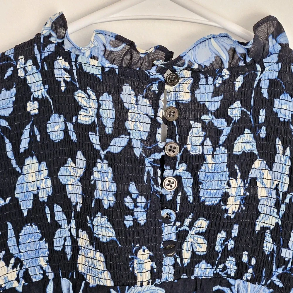 J.Crew Blouse‎ Sz XS Smocked Ruffleneck Chiffon Top Midnight Blue Floral Cottage